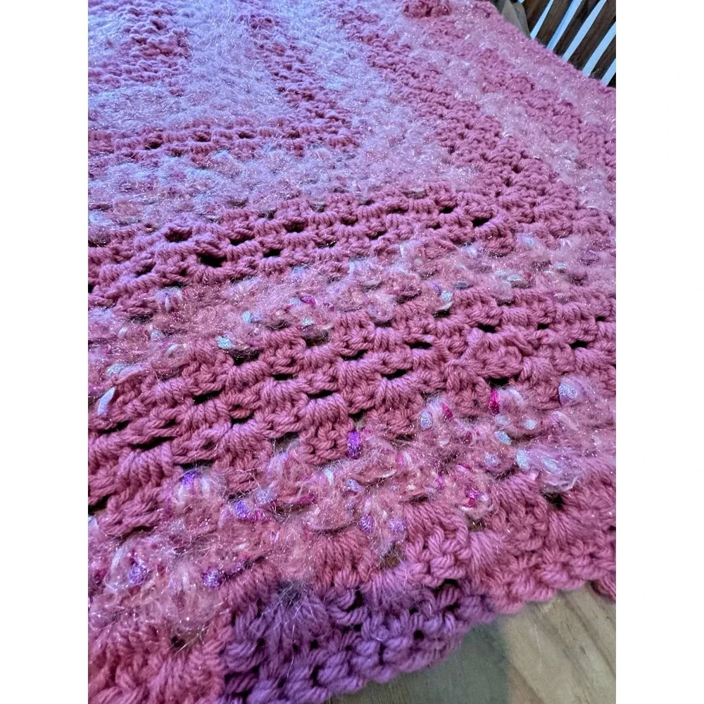 Vtg Crochet Wool Blend Pink Throw Blanket With Sparkle Accents Square 44